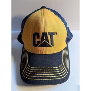 CAT Caterpillar Trucker Snapback Cap Hat Navy Blue/Yellow Mesh One Size MPC